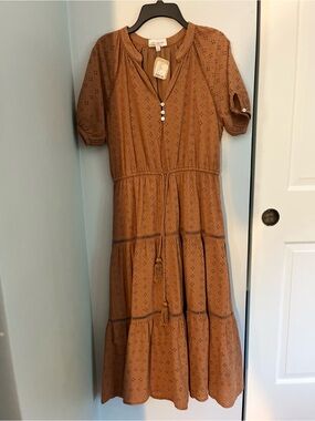 Women’s Tan Eyelet Tiered Maxi Dress with Tie Waist